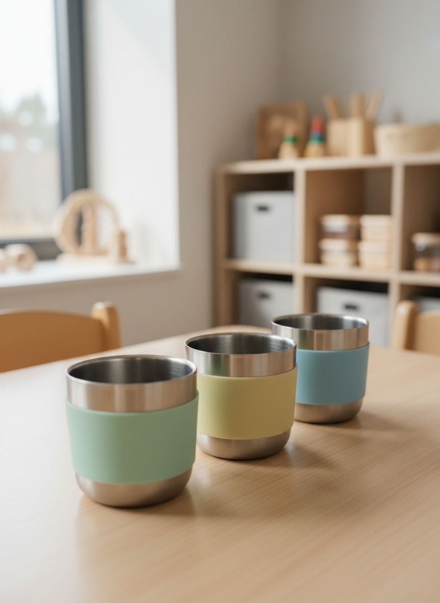 A collection of sturdy, stainless steel children’s mugs with brightly colored silicone sleeves in soft pastel tones of green, yellow, and sky blue, arranged neatly on a light wooden kindergarten table. Each mug has a simple, ergonomic shape with rounded edges and a matte, brushed metal finish that suggests durability and reusability. Soft natural daylight from a large nearby window illuminates the scene, creating gentle reflections on the metal and subtle shadows on the wood grain. In the blurred background, shelves with neatly organized eco-friendly containers and wooden toys reinforce the zero-waste theme. Photographic realism, eye-level composition with shallow depth of field, clean and professional mood, highlighting practical elegance and sustainability for kindergartens.