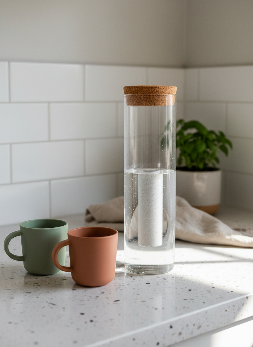 A modern kitchen counter setup displaying a zero-waste drinking station: a tall, transparent glass water filter carafe with a natural cork lid and visible charcoal filter inside, standing beside two reusable children’s mugs in soft earth tones. The counter is light terrazzo, and behind it is a simple white tile backsplash with light grey grout. Early afternoon sunlight enters from the right, creating distinct but gentle shadows and sparkling highlights in the filtered water. In the softly blurred background, a neatly folded beige kitchen towel and a small potted herb plant emphasize everyday practicality. Photographic realism, slightly elevated angle, balanced composition, professional yet warm atmosphere that showcases sustainable hydration solutions for both home and kindergarten.