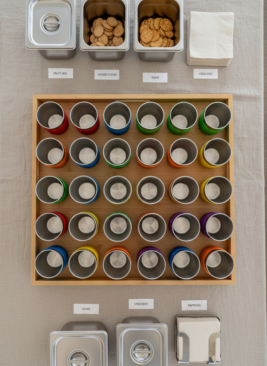 An overhead view of a kindergarten snack station featuring rows of identical reusable metal mugs with colorful, interchangeable silicone bands arranged in perfectly aligned rows on a pale birch wood tray. The mugs’ brushed steel surfaces subtly reflect the soft, warm pendant lighting from above, creating a gentle sheen without glare. Around the tray, clearly labeled stainless steel containers and cloth napkins are laid out on a neutral linen tablecloth, reinforcing the organized, waste-free routine. The composition follows a grid-like pattern with sharp focus across the entire frame, conveying order, cleanliness, and the professionalism of a well-designed zero-waste system for educational institutions. Photographic realism with a clean, modern aesthetic.