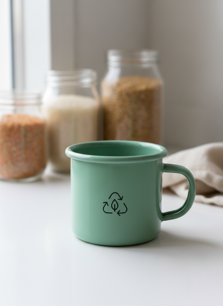A single, reusable children’s enamel mug in a muted mint green color, printed with a small, minimalist zero-waste icon, standing centered on a white, matte countertop. The enamel surface is smooth and slightly glossy, with a robust handle designed for small hands and a rolled rim for safety. Diffused, overcast window light from the left casts a soft, shadowless glow, emphasizing the mug’s clean lines. In the background, out of focus, are glass jars filled with grains and a folded cotton cloth, suggesting an eco-conscious home environment. Photographic realism, minimalist composition with plenty of negative space, calm and professional atmosphere ideal for a website hero image.